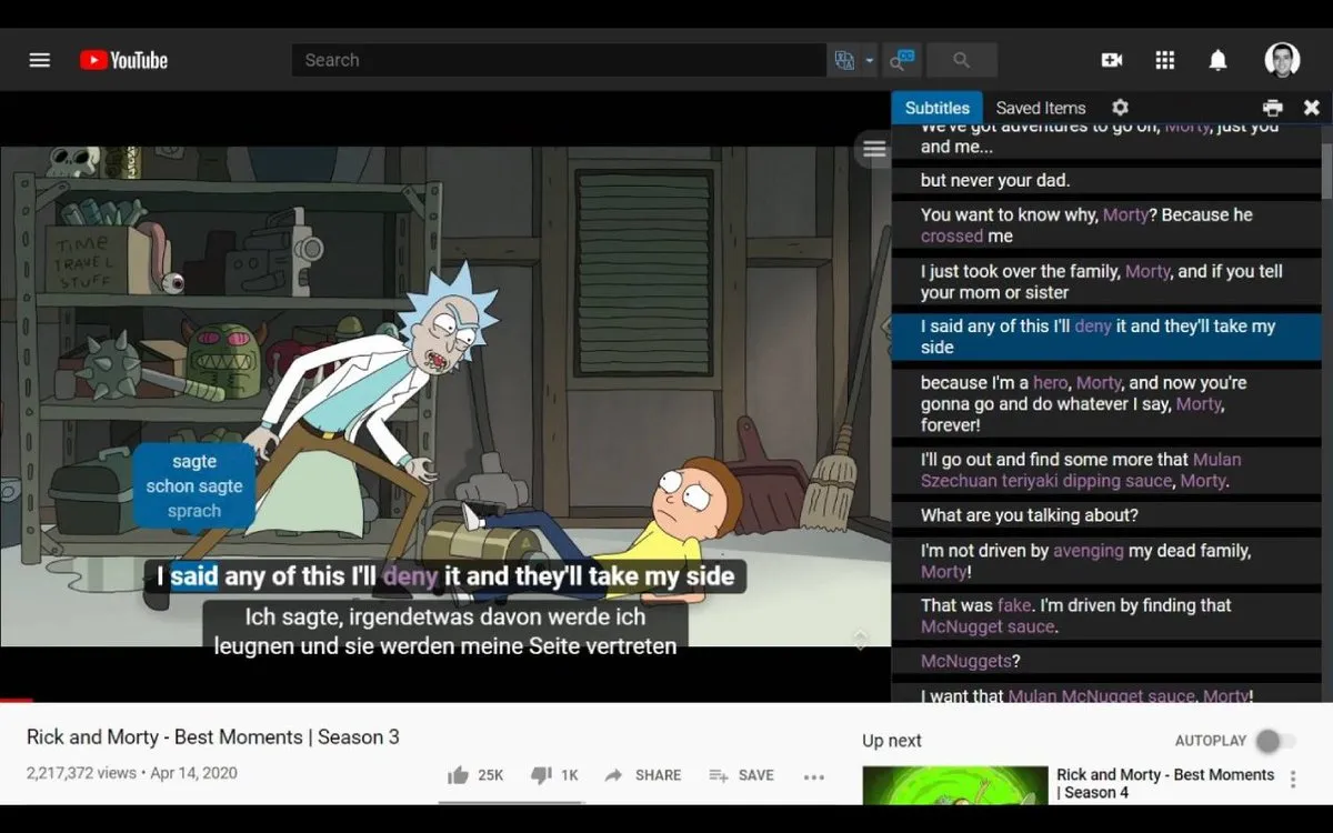 Language Reactor’s dual subtitles and clickable transcript on YouTube