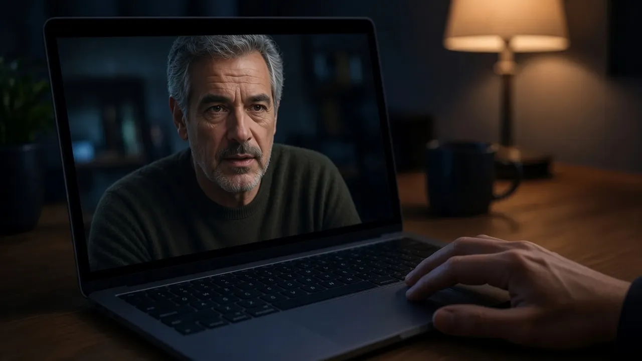 A laptop on a wooden desk at night, with a person speaking on the screen