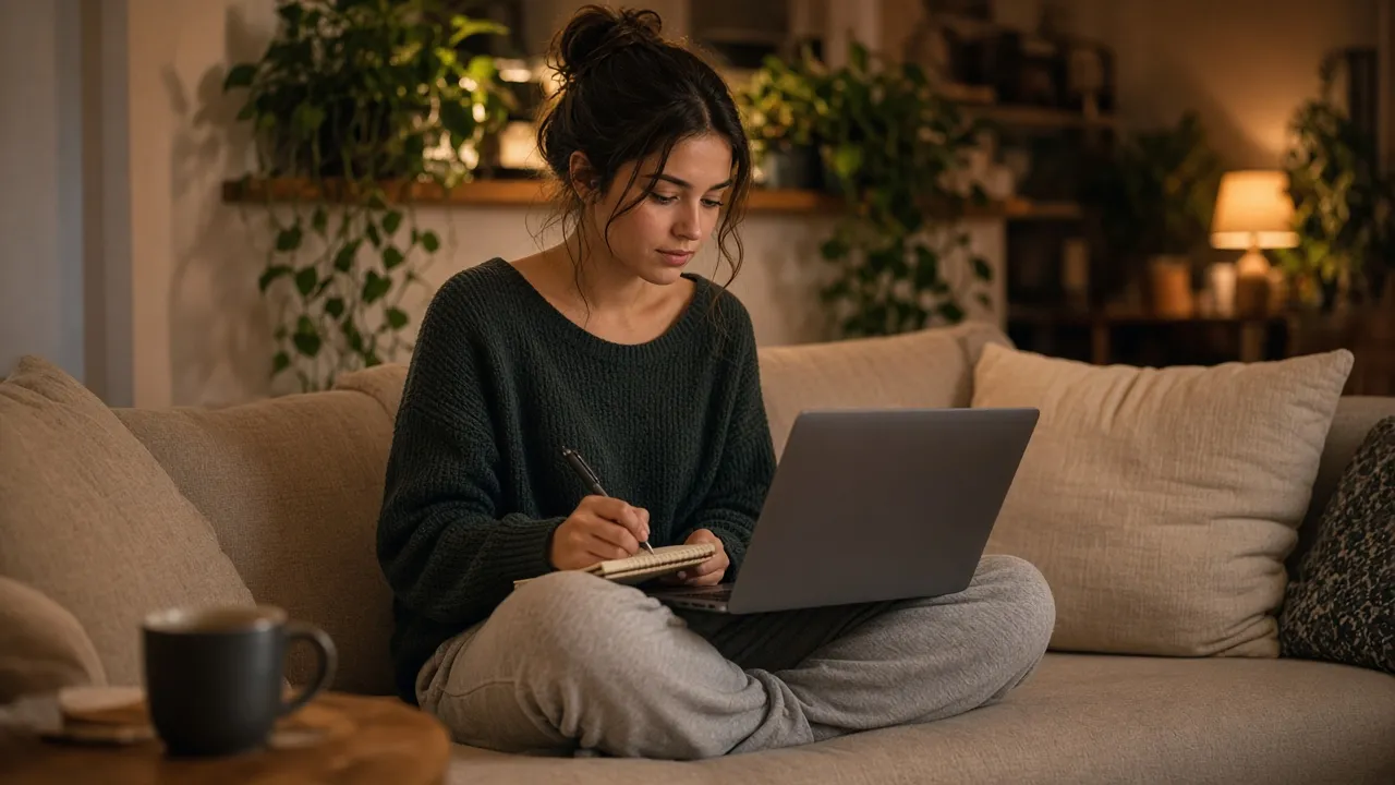 A learner pausing a video and writing notes in a notebook