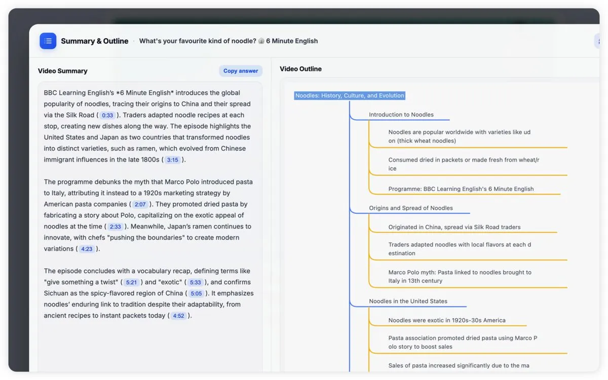 An AI summary with clickable timestamps next to a mind-map style outline of a YouTube video