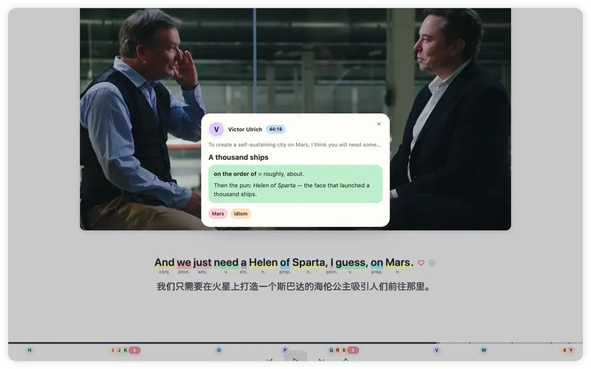 A timestamped note explaining a phrase, pinned to a moment in the video, with note avatars along the progress bar
