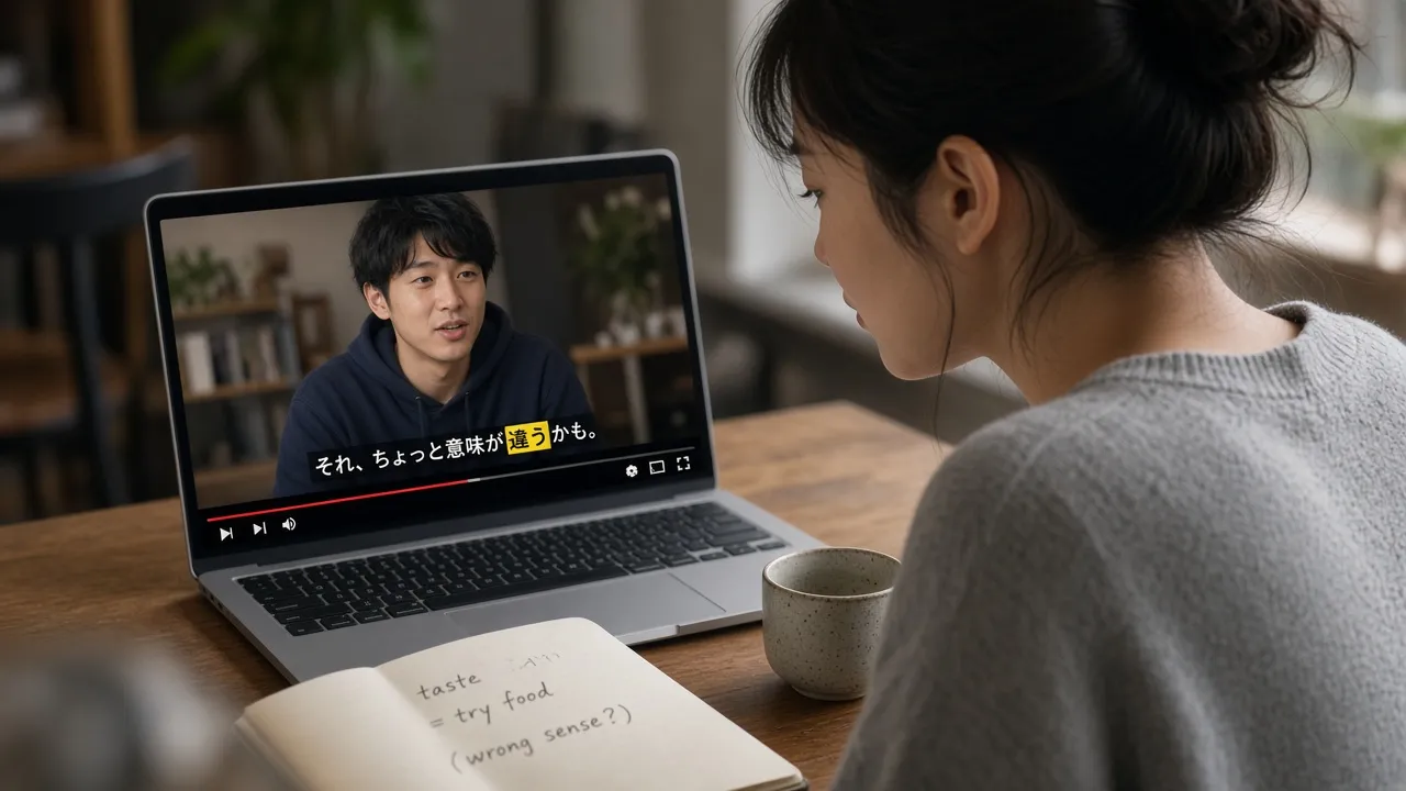 Over-the-shoulder view of a woman watching a Japanese YouTube video on a laptop, with a notebook noting a wrong English meaning