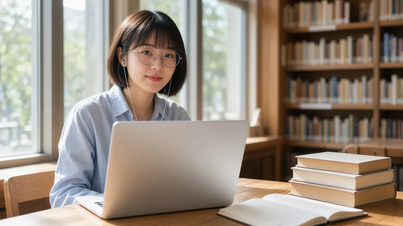 A woman with glasses in a library, an open laptop facing her and a notebook on the table