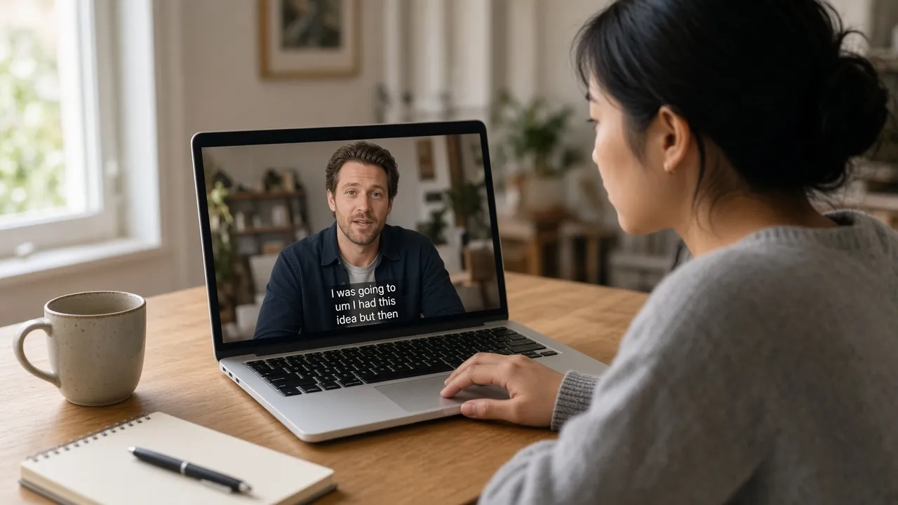 A woman watching a YouTube video on a laptop with fragmented auto-captions