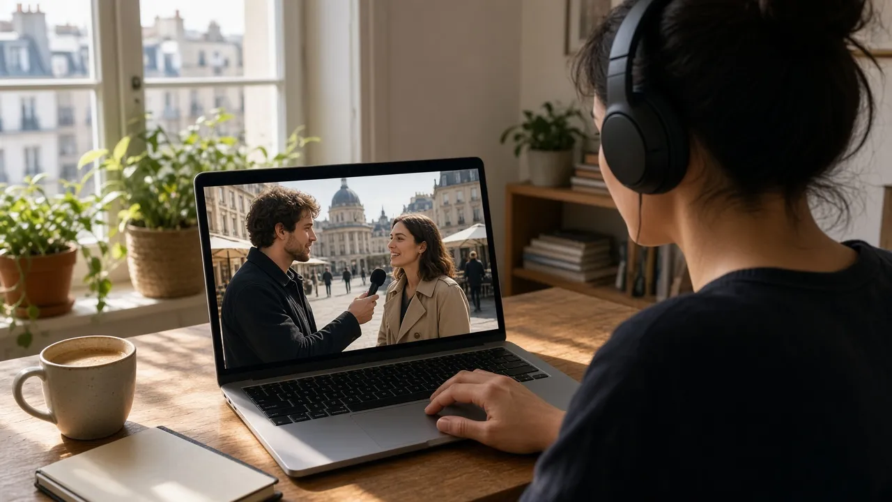 Over-the-shoulder view of a woman with headphones watching a street interview on a laptop's inner screen