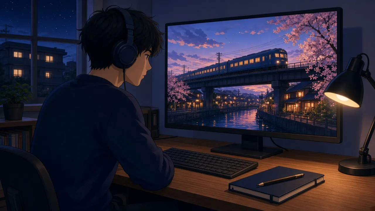 A student with headphones watching an original anime cityscape on a large monitor at dusk