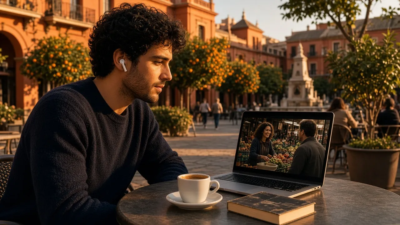 A young man at an outdoor cafe in a Spanish plaza, watching a market conversation on a laptop