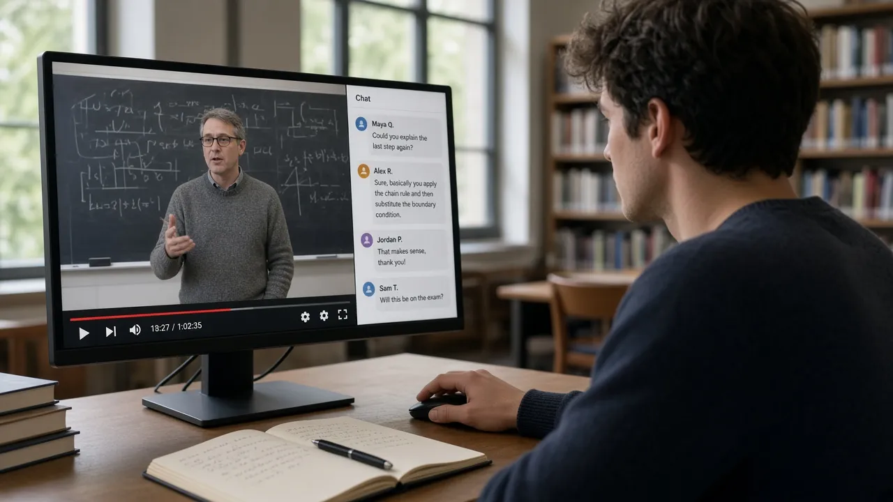 A student studying a video on a computer while asking questions in the AI sidebar