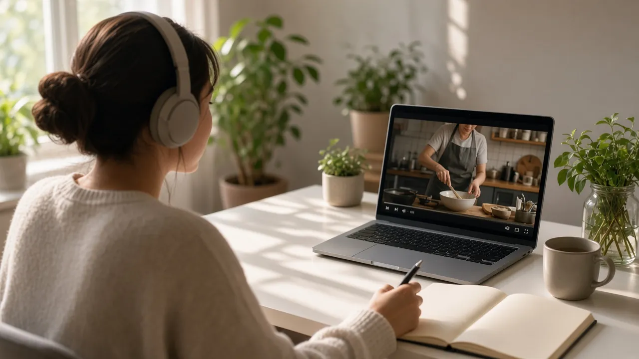 A learner with headphones watching a cooking video on a laptop and writing in a notebook