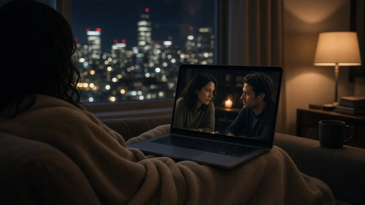 Over-the-shoulder view of a person on a sofa at night watching a dramatic two-person scene on a laptop