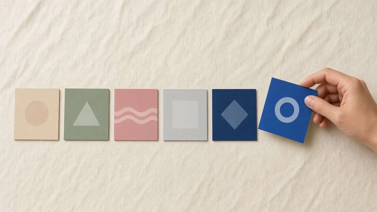 A hand picking a blue card with a ring mark from a row of colored square cards