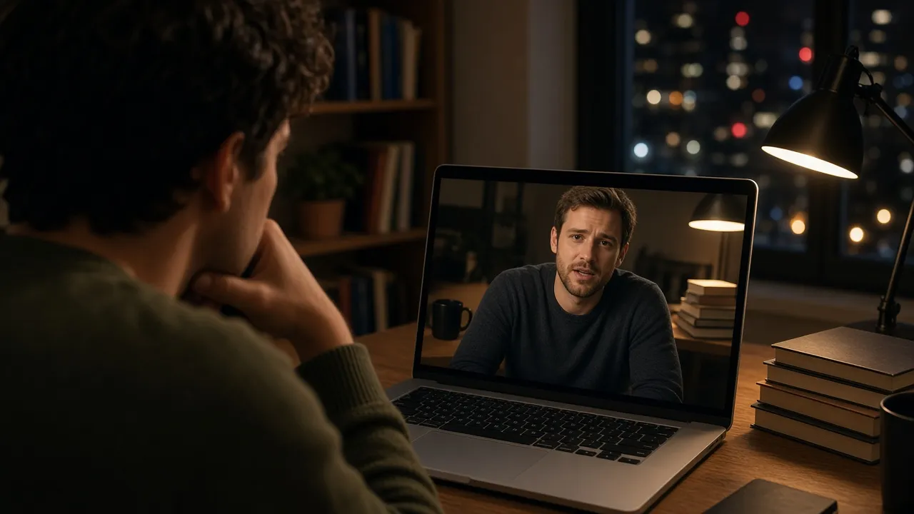 A man looking at a laptop watching a video while generating subtitles with AI