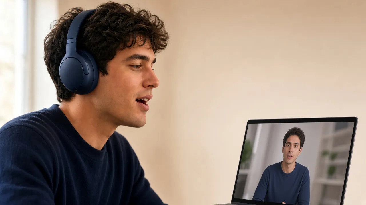 A person with headphones speaking along with someone on a laptop screen