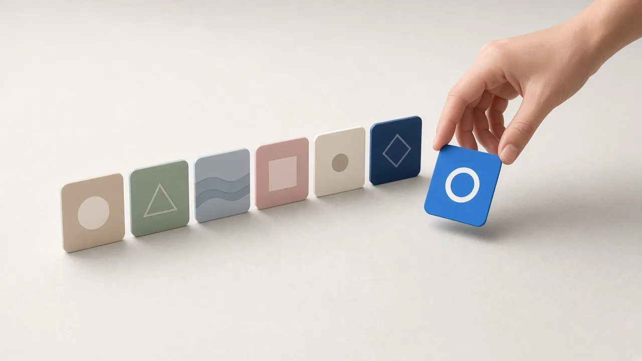 A hand choosing one blue card from a row of different language-learning tools