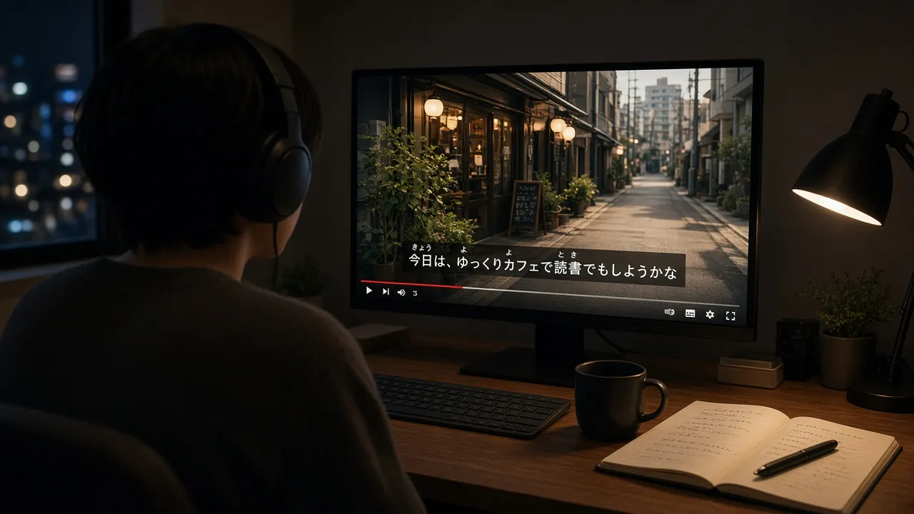 A person wearing headphones watches a computer; small kana readings sit above the kanji in the Japanese subtitles