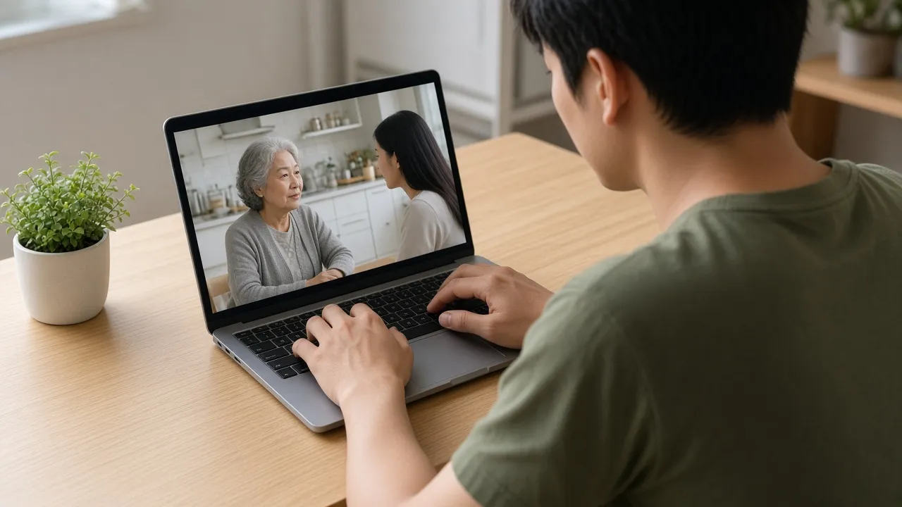 A man seen over his shoulder, sitting facing a laptop and watching two people talk on the screen