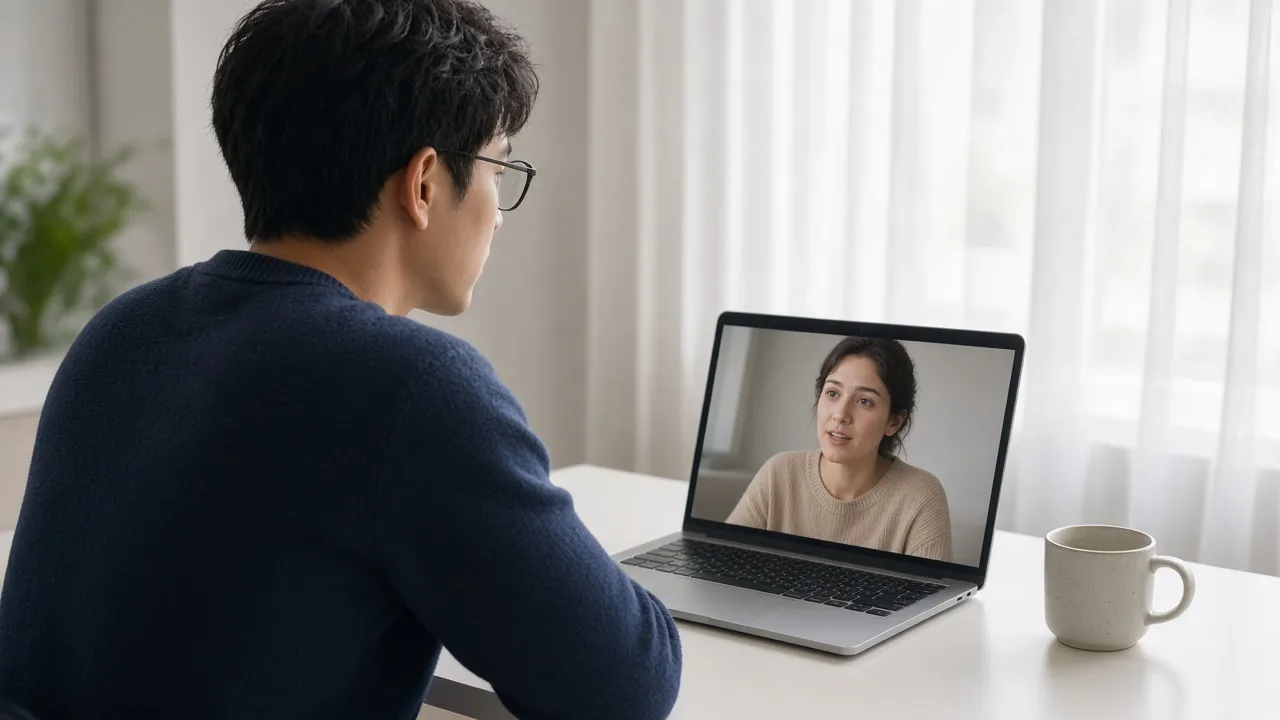 A man in glasses at a laptop, watching a speaker on the screen