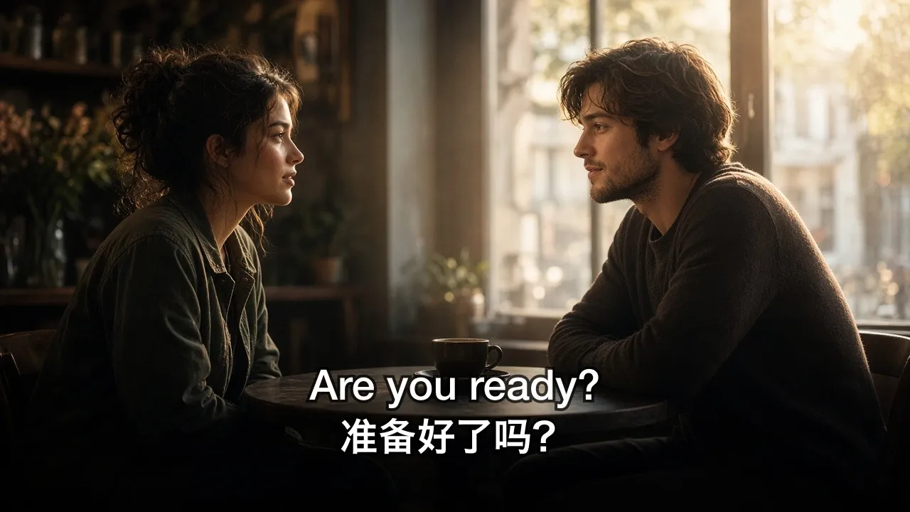 A cafe conversation with two subtitle lines: Are you ready? and the Chinese line below it