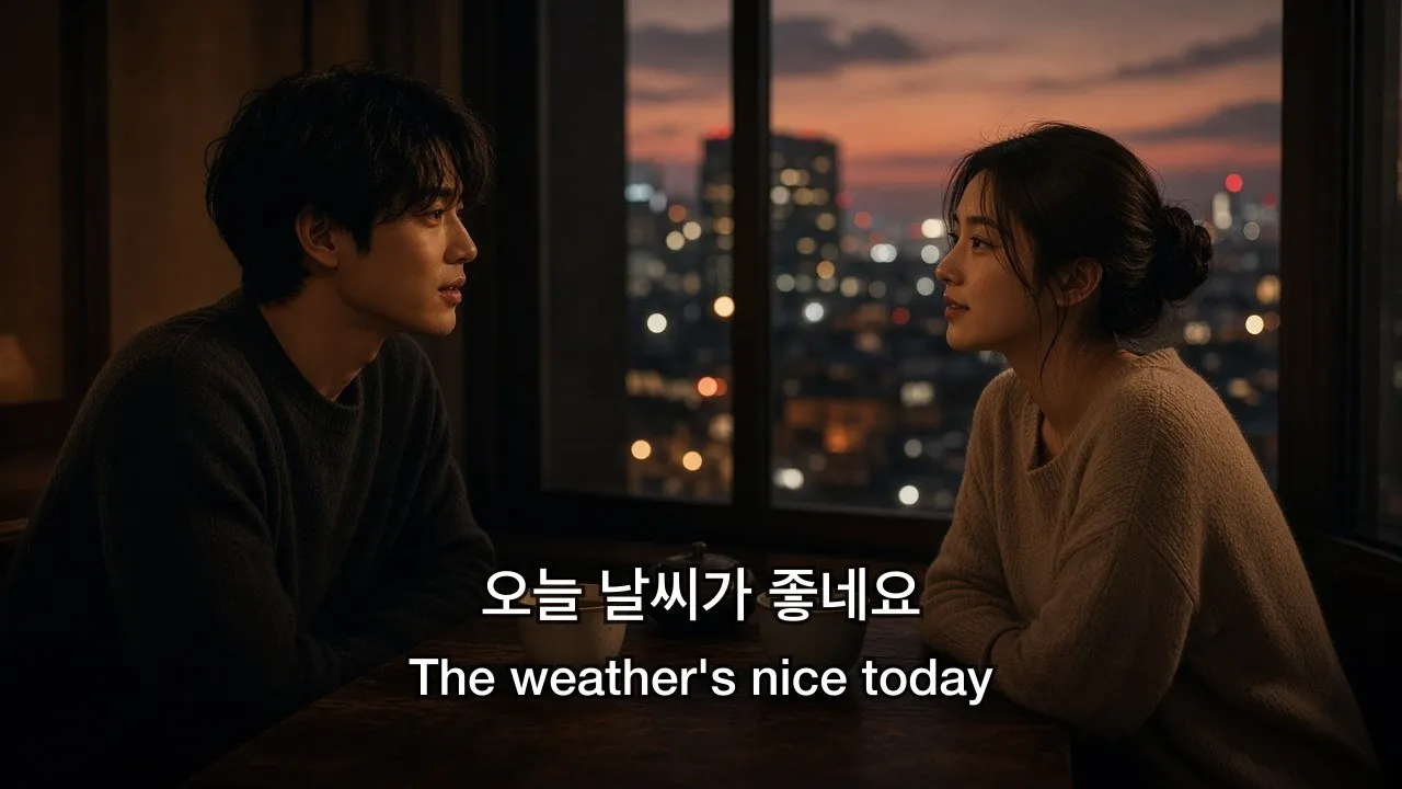 Two characters conversing in a Korean drama with clean dual Korean and English subtitles below