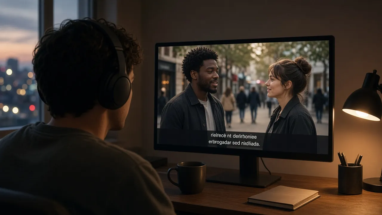 Over-the-shoulder view of a man with headphones watching a street interview on a desktop monitor